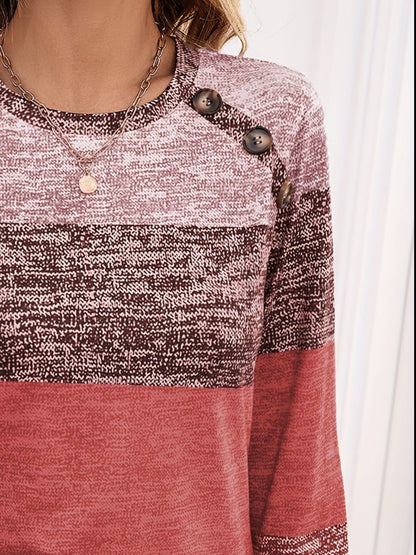 Decorative Button Contrast Round Neck Long Sleeve T-Shirt-Angel Casuals
