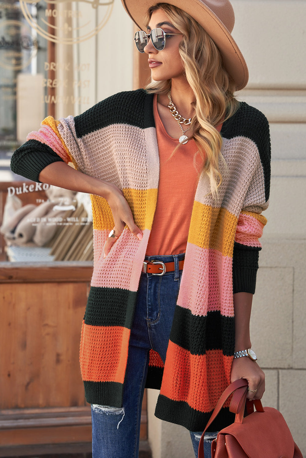 Striped Waffle Knit Open Front Cardigan-Angel Casuals