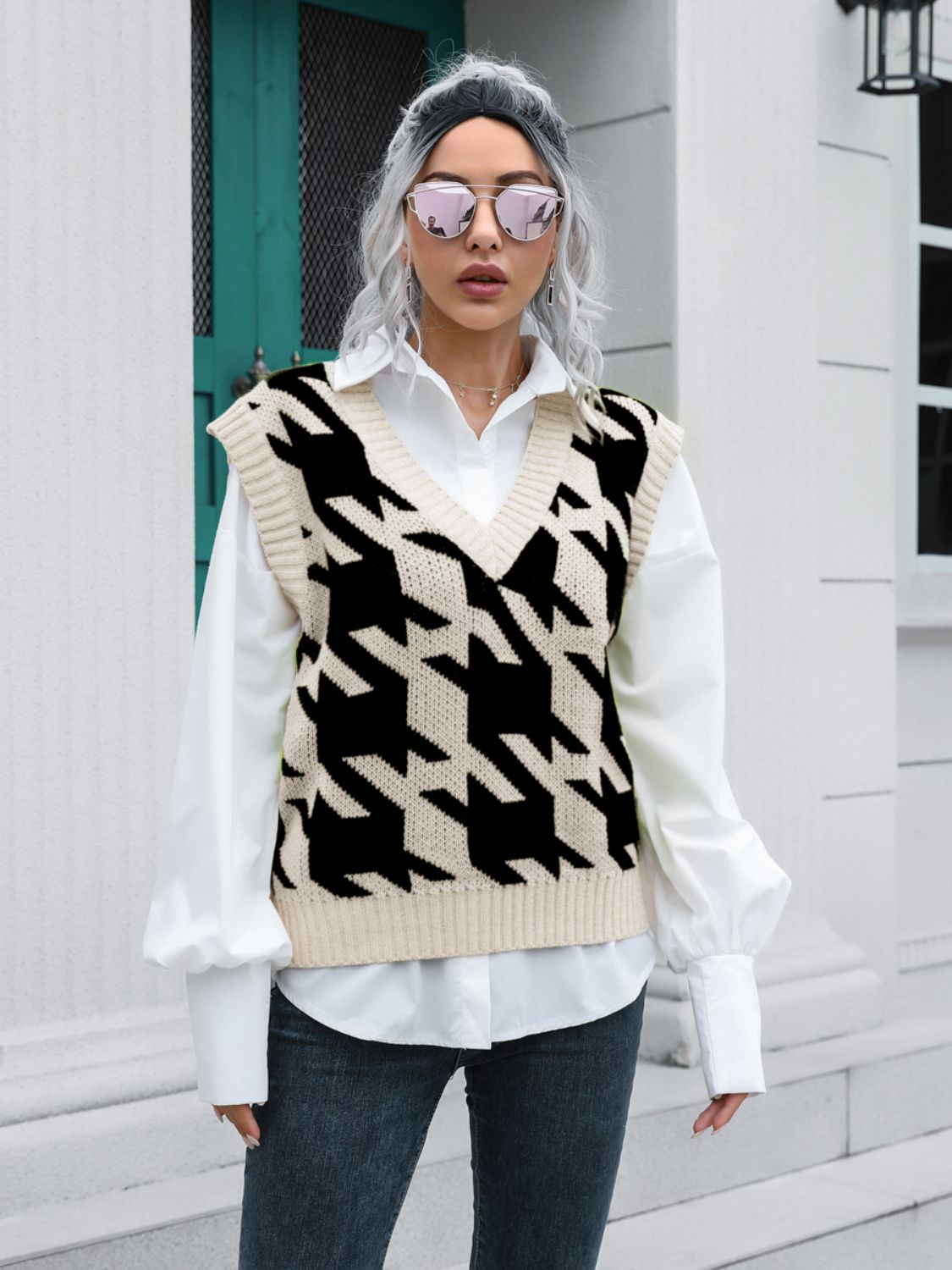 Houndstooth V-Neck Sweater Vest-Angel Casuals
