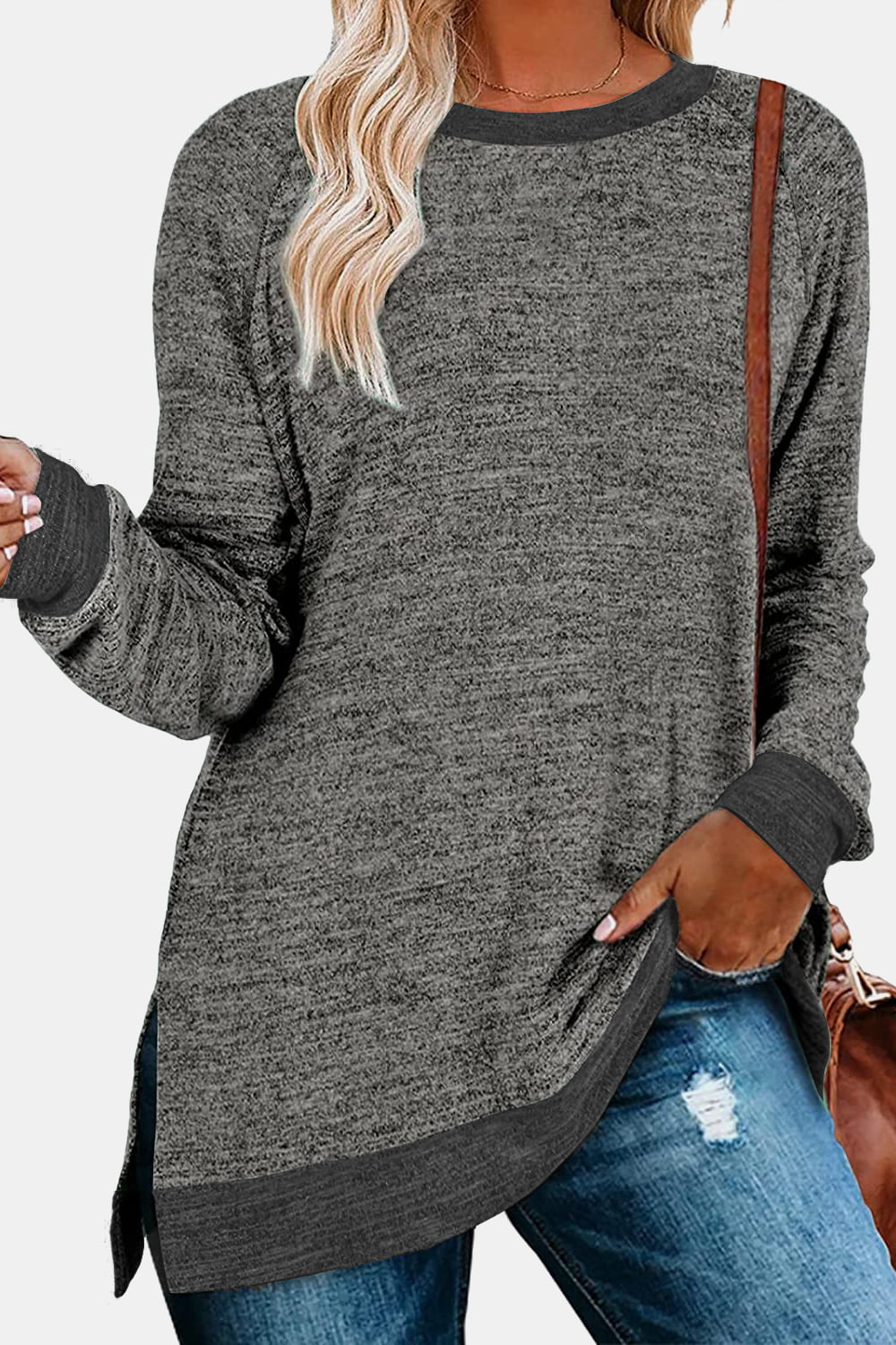 Round Neck Long Sleeve Slit T-Shirt-Angel Casuals