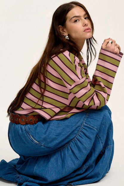 Striped Notched Long Sleeve T-Shirt-Angel Casuals