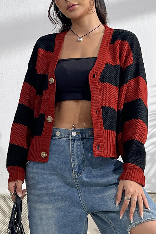 Striped Button Up Dropped Shoulder Cardigan-Angel Casuals