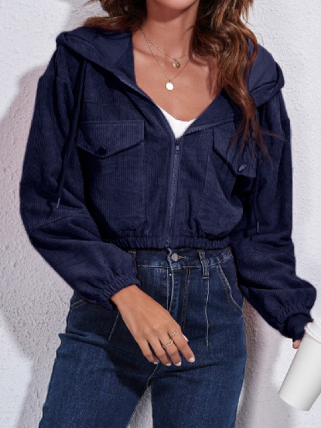 Drawstring Hooded Zip Up Jacket with Pockets-Angel Casuals