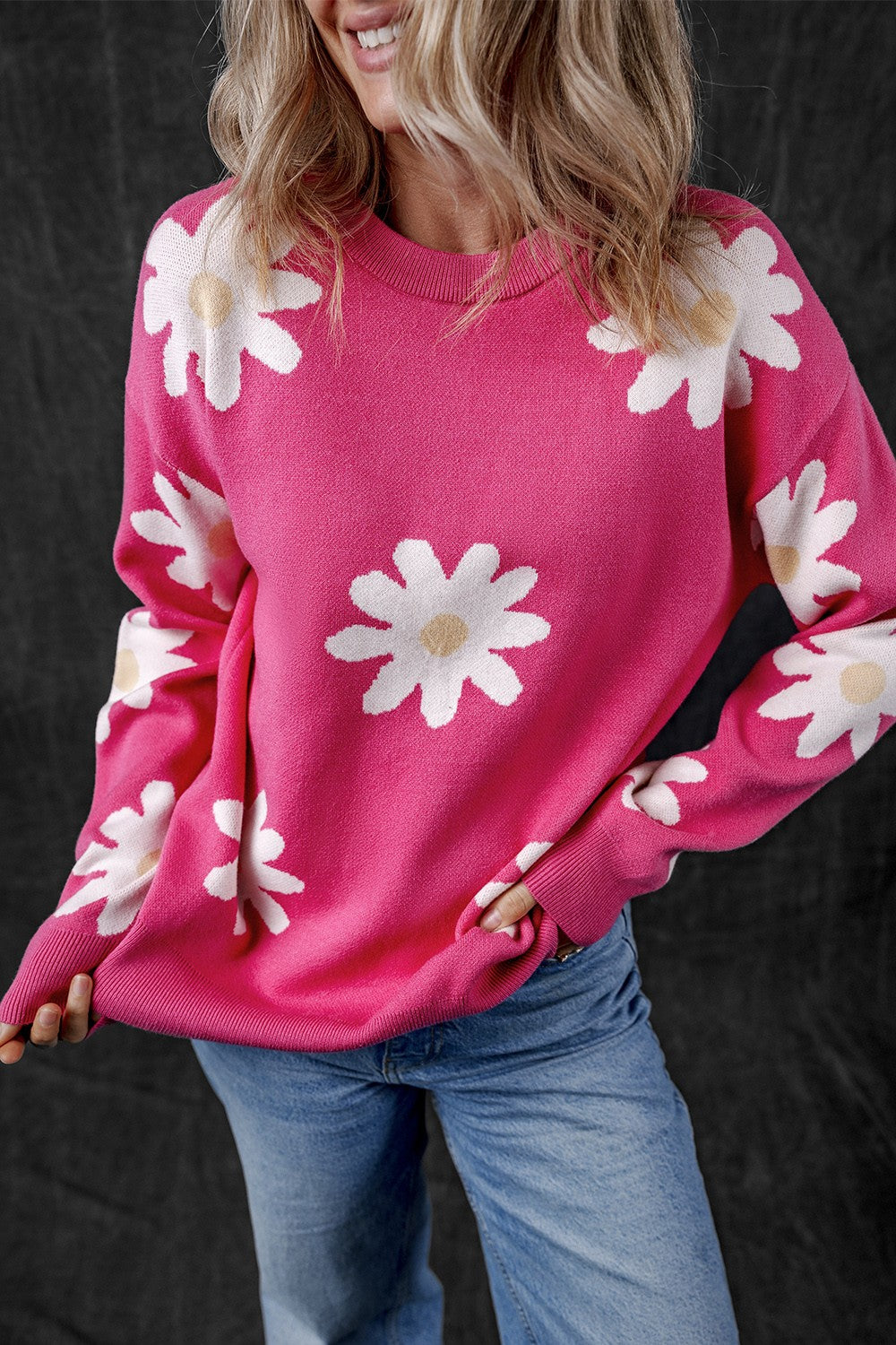 Daisy Round Neck Dropped Shoulder Sweater-Angel Casuals