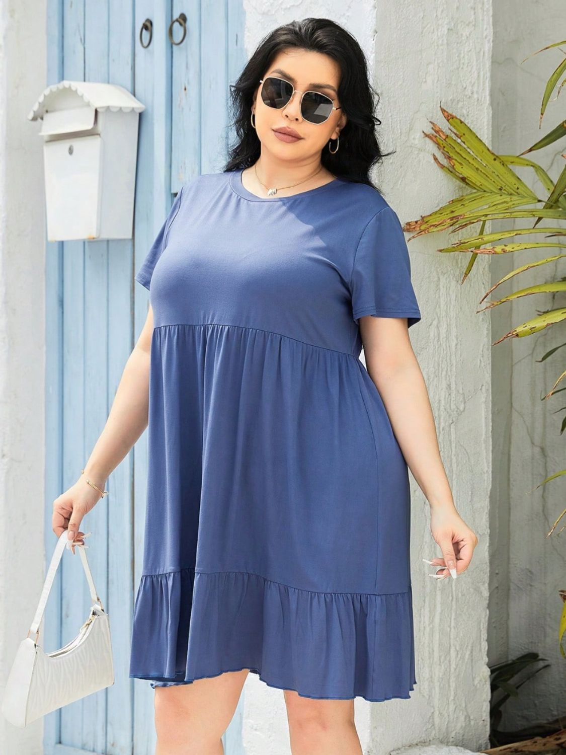 Plus Size Round Neck Short Sleeve Dress-Angel Casuals