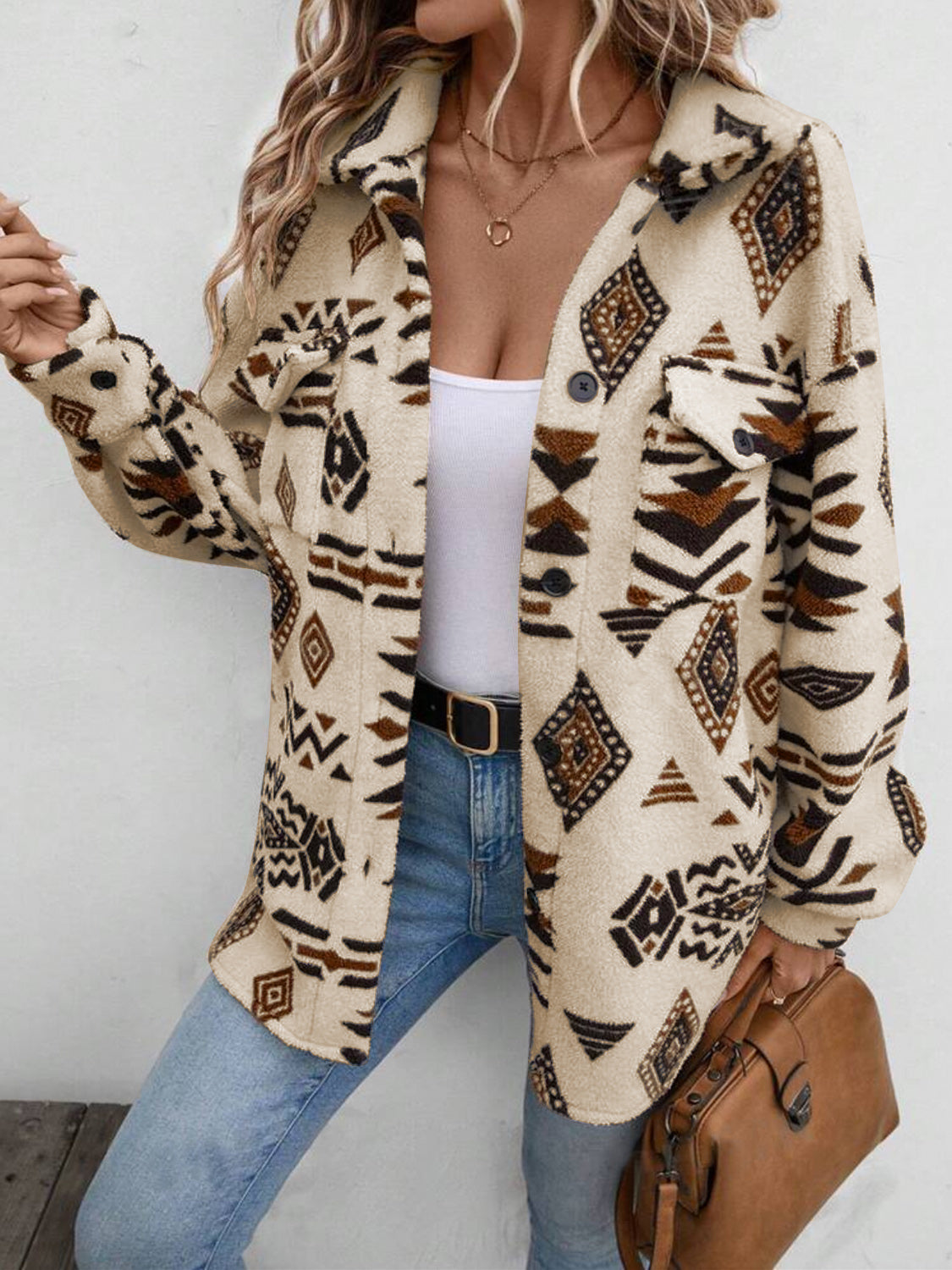 Geometric Button Up Dropped Shoulder Jacket-Angel Casuals
