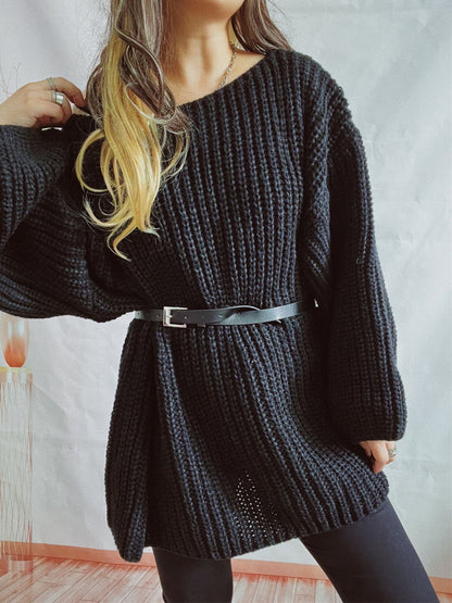 Boat Neck Long Sleeve Sweater with Belt-Angel Casuals