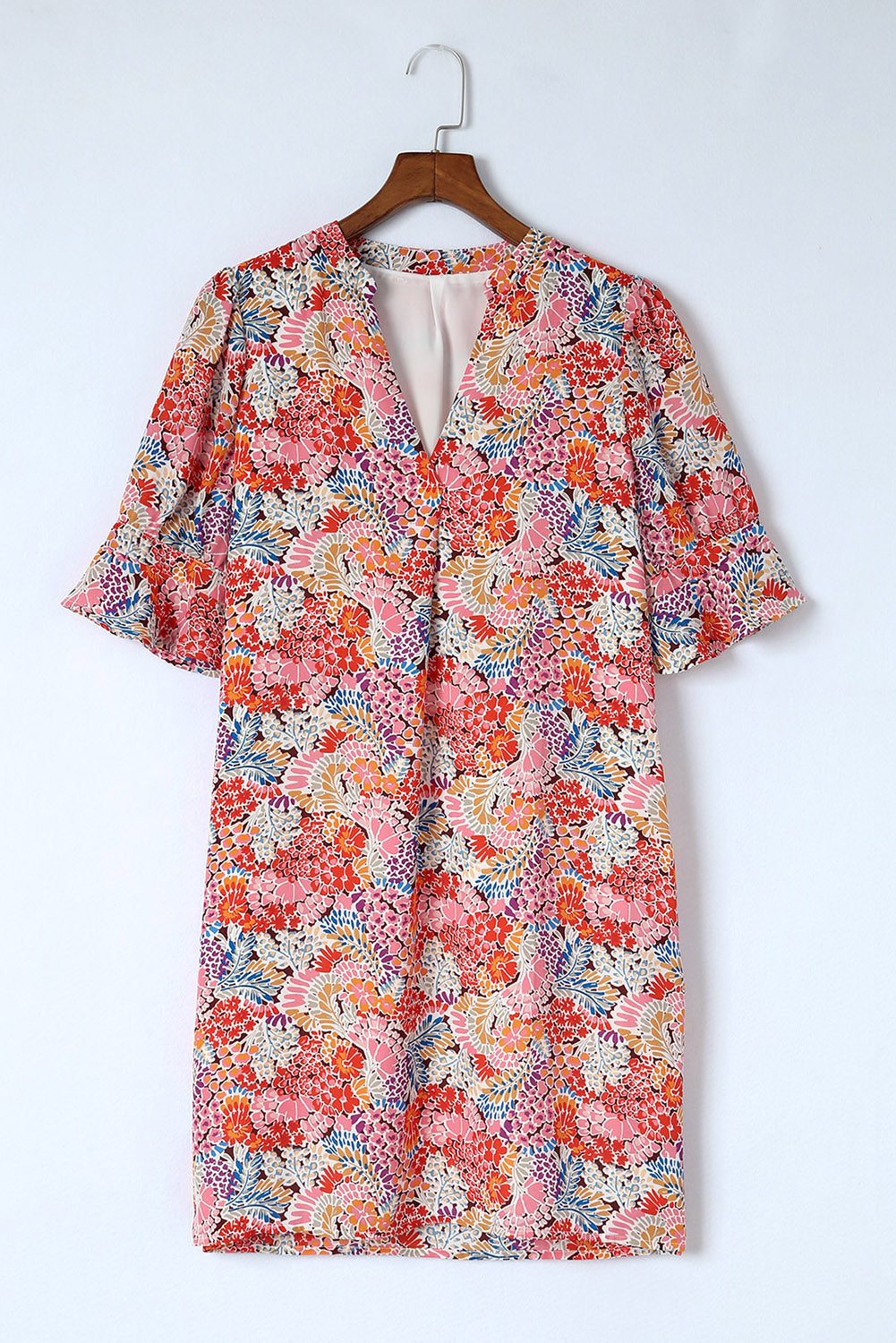 Floral Notched Neck Flounce Sleeve Shift Dress-Angel Casuals