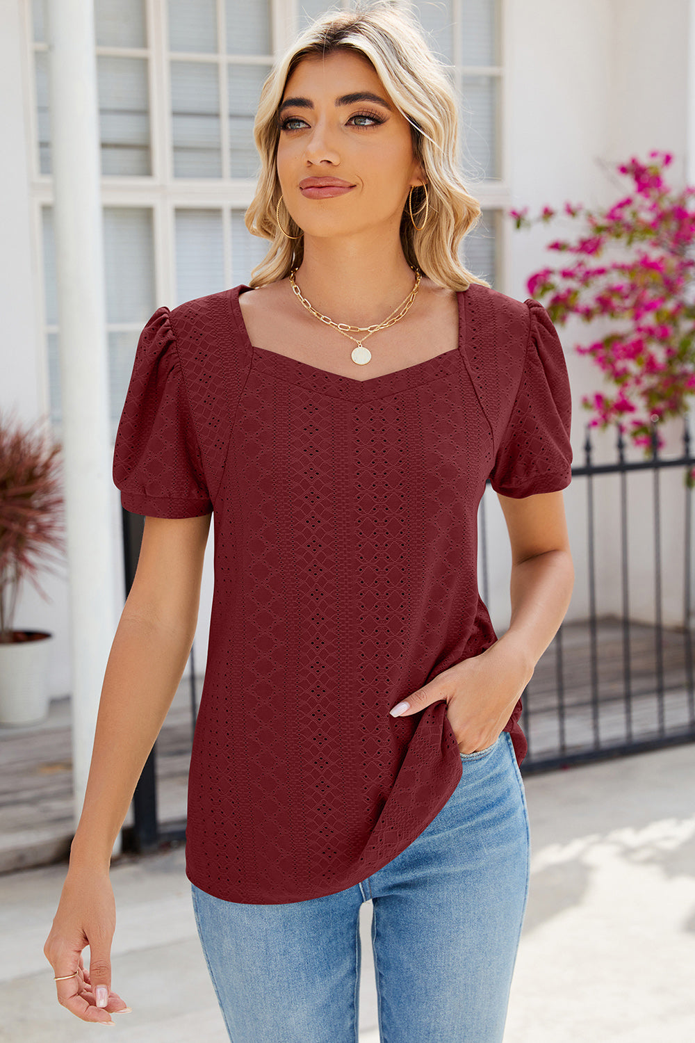 Eyelet Puff Sleeve T-Shirt-Angel Casuals