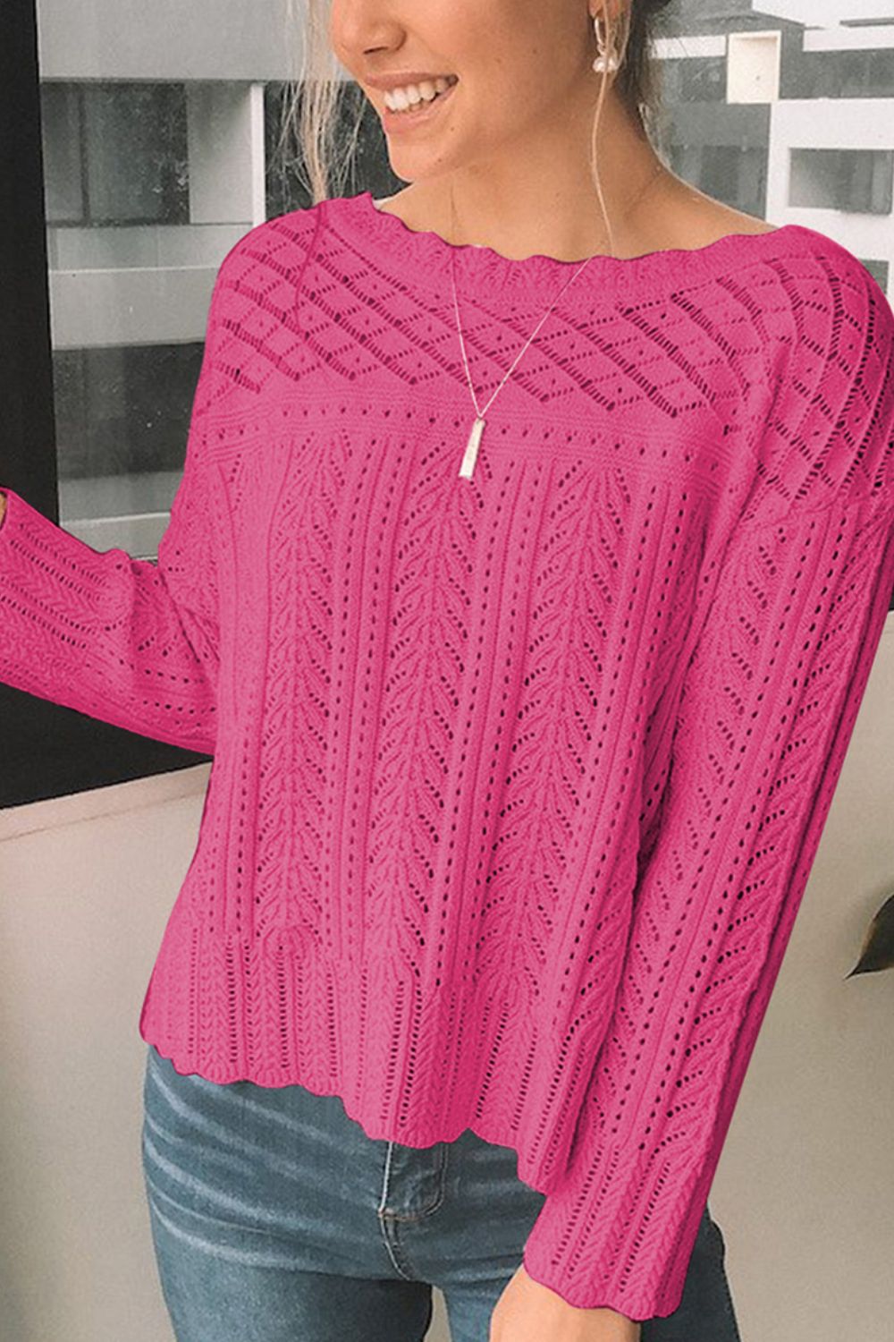 Openwork Round Neck Long Sleeve Knit Top-Angel Casuals