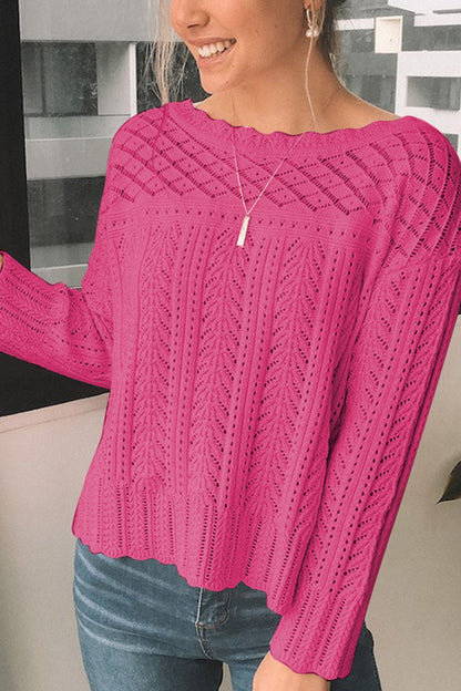 Openwork Round Neck Long Sleeve Knit Top-Angel Casuals