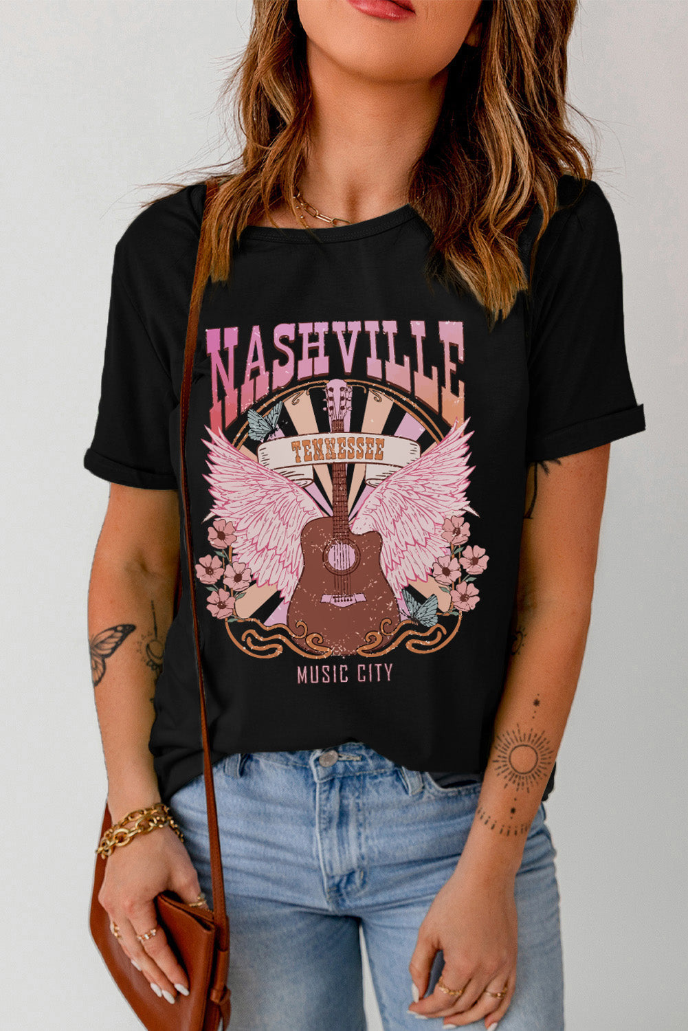 NASHVILLE TENNESSEE MUSIC CITY Graphic Round Neck Tee-Angel Casuals