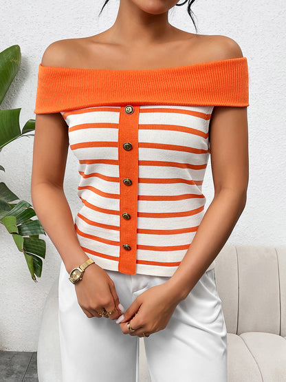 Decorative Button Striped Off-Shoulder Knit Top-Angel Casuals