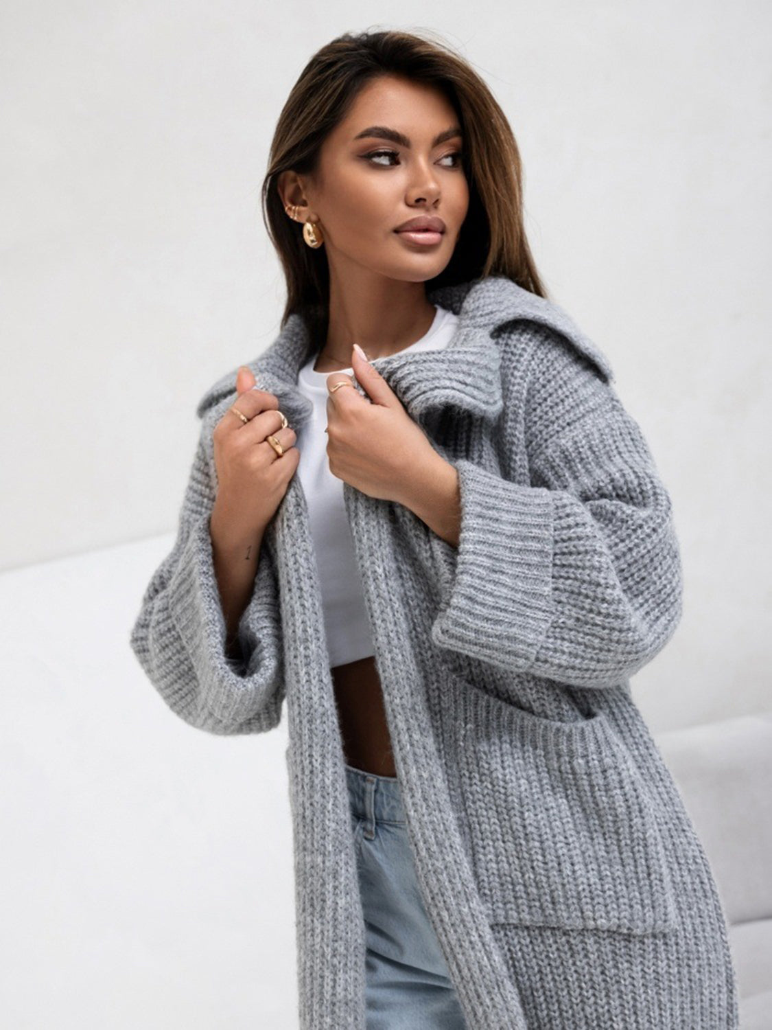 Pocketed Collared Neck Dropped Shoulder Cardigan-Angel Casuals