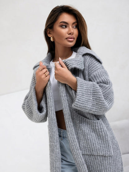 Pocketed Collared Neck Dropped Shoulder Cardigan-Angel Casuals