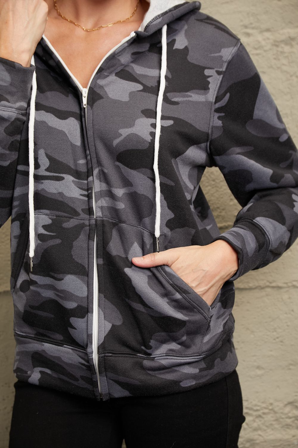 Double Take Camouflage Drawstring Detail Zip Up Hooded Jacket-Angel Casuals