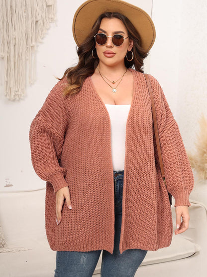 Plus Size Open Front Dropped Shoulder Knit Cardigan-Angel Casuals