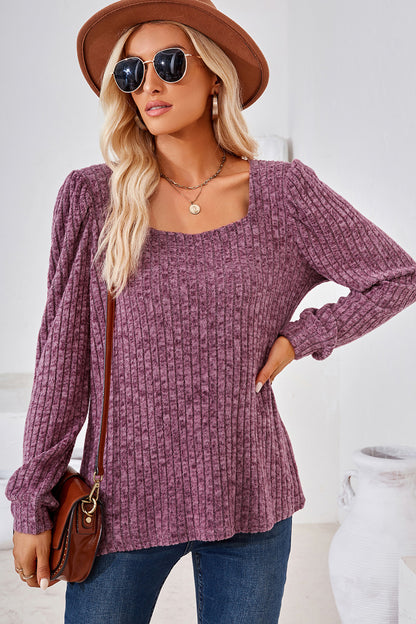 Ribbed Square Neck Long Sleeve T-Shirt-Angel Casuals
