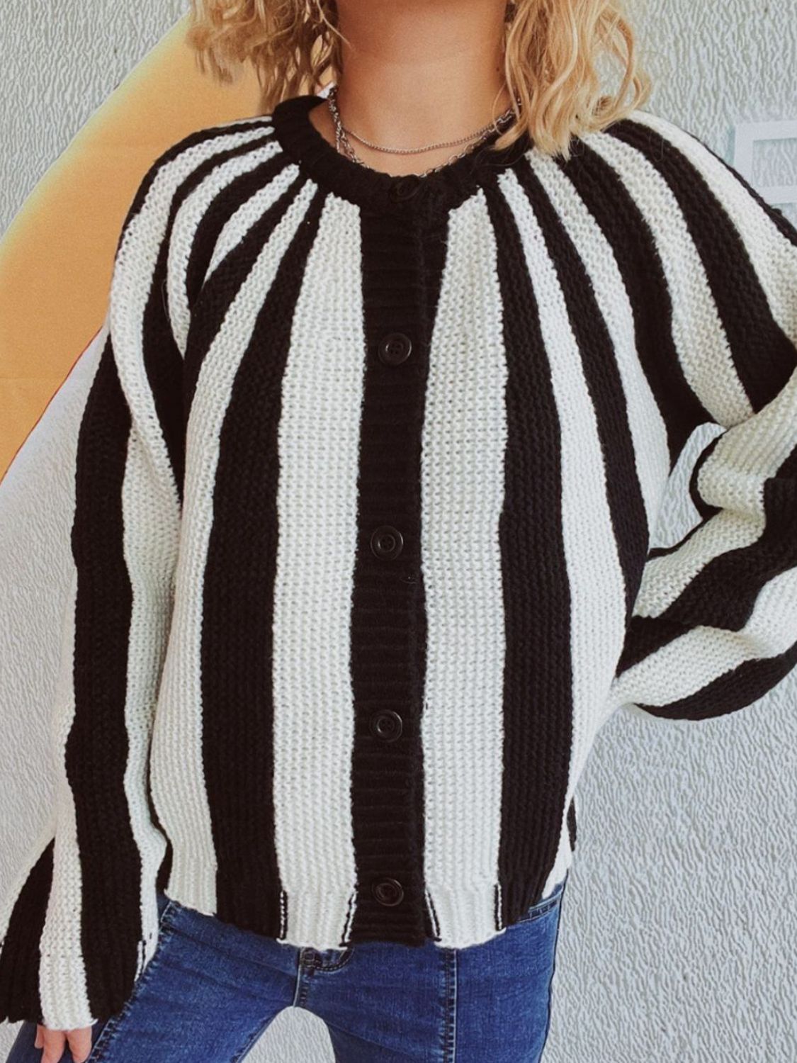 Contrast Stripes Button Down Long Sleeve Cardigan-Angel Casuals