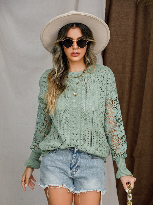 Eyelet Crochet Lantern Sleeve Sweater-Angel Casuals