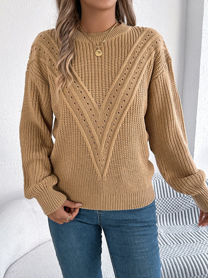 Openwork Round Neck Long Sleeve Sweater-Angel Casuals