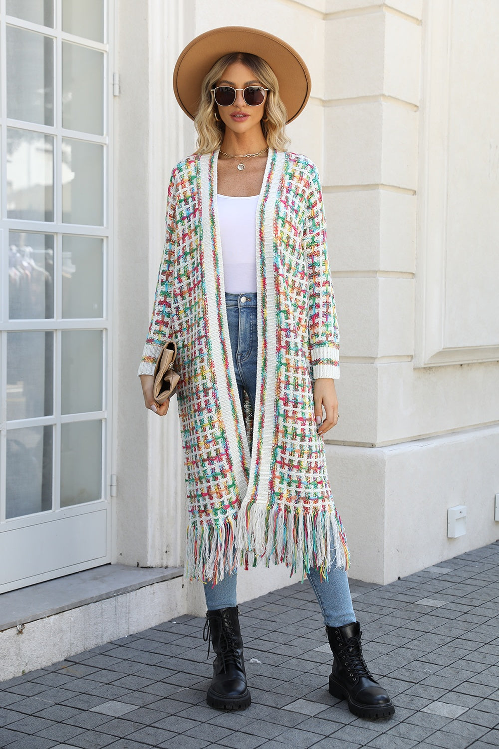 Multicolored Open Front Fringe Hem Cardigan-Angel Casuals