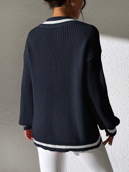 Contrast Trim V-Neck Long Sleeve Sweater-Angel Casuals