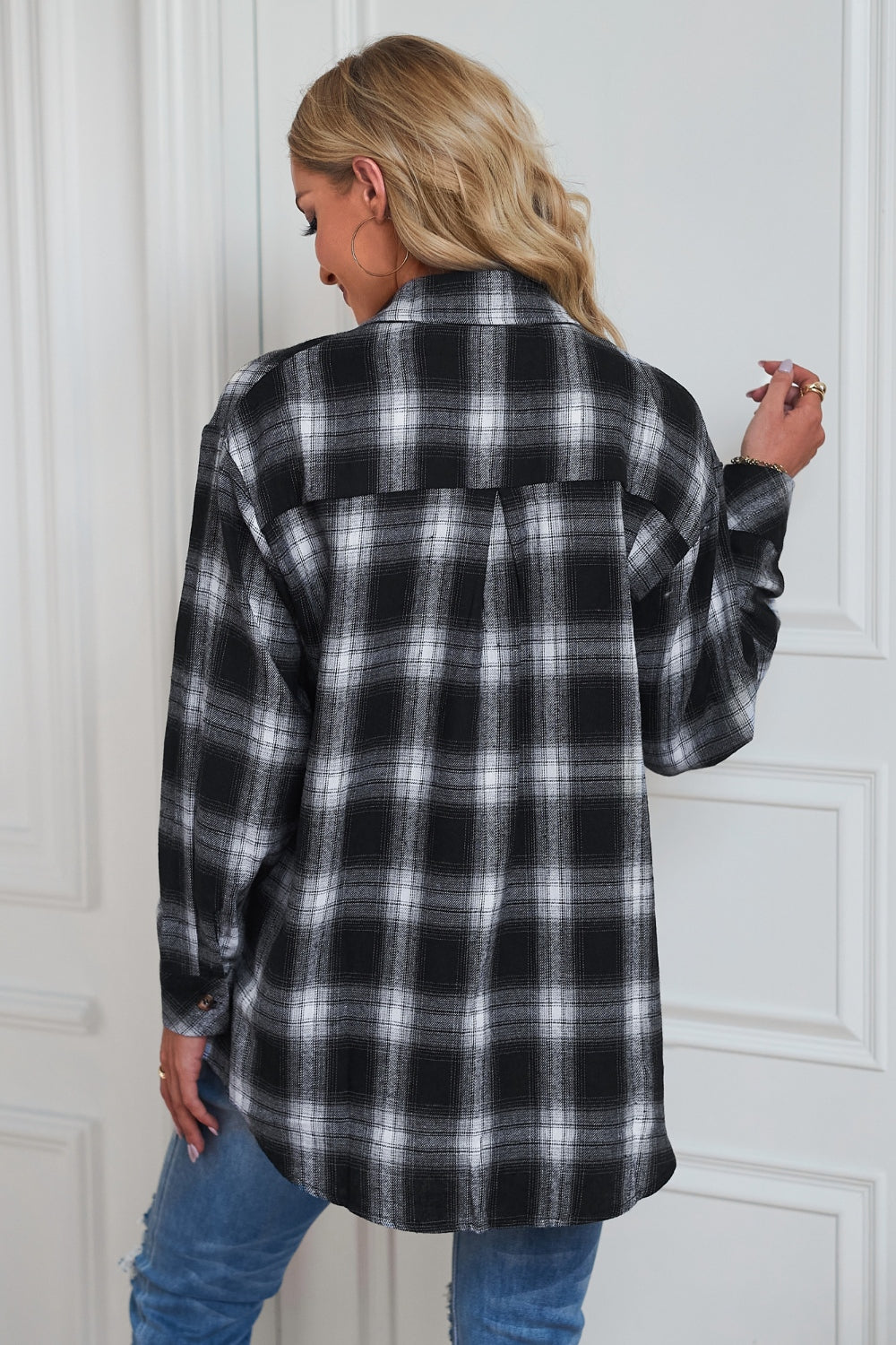Plaid Button Up Dropped Shoulder Outerwear-Angel Casuals