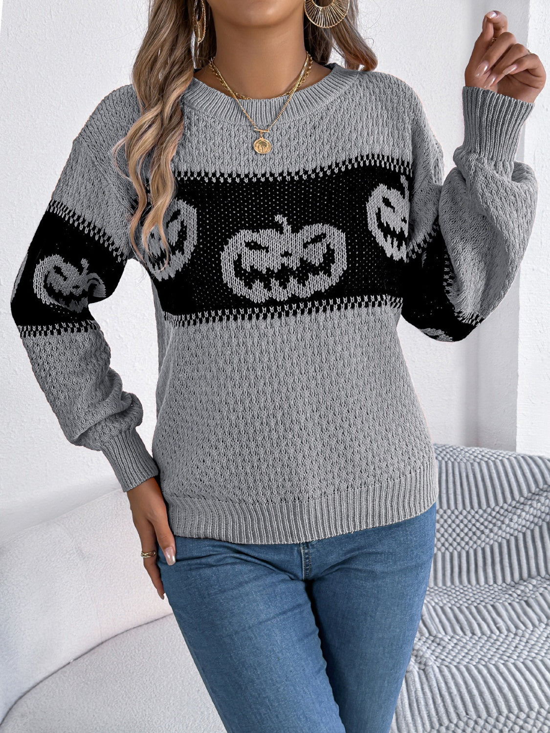 Pumpkin Round Neck Long Sleeve Sweater-Angel Casuals