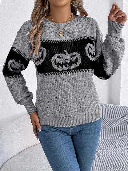 Pumpkin Round Neck Long Sleeve Sweater-Angel Casuals