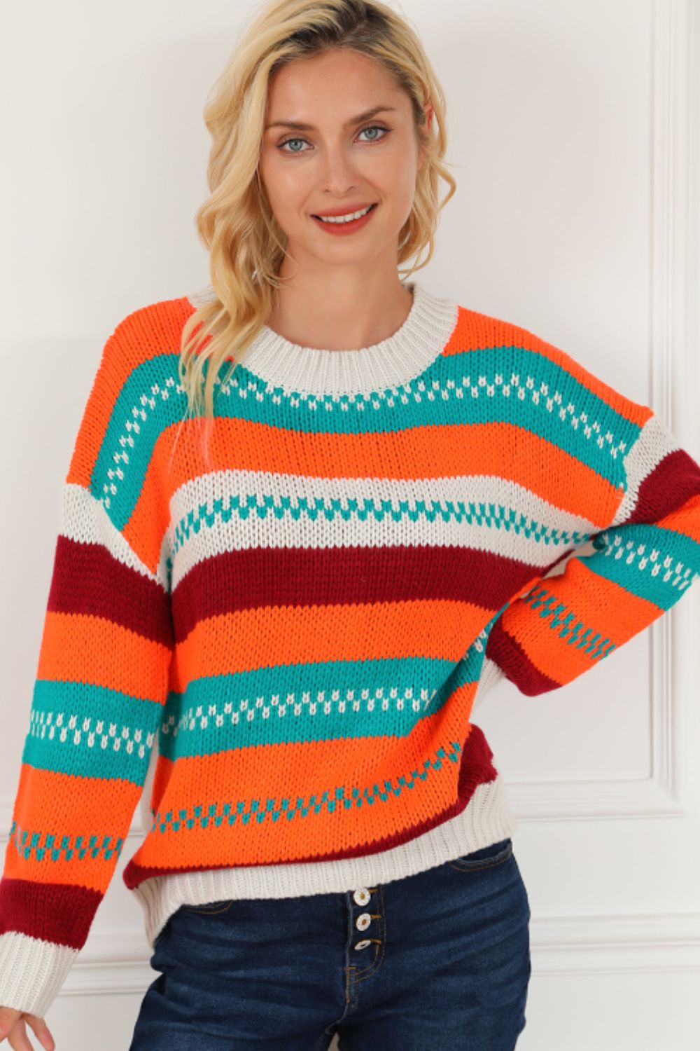 Contrast Striped Round Neck Long Sleeve Sweater-Angel Casuals