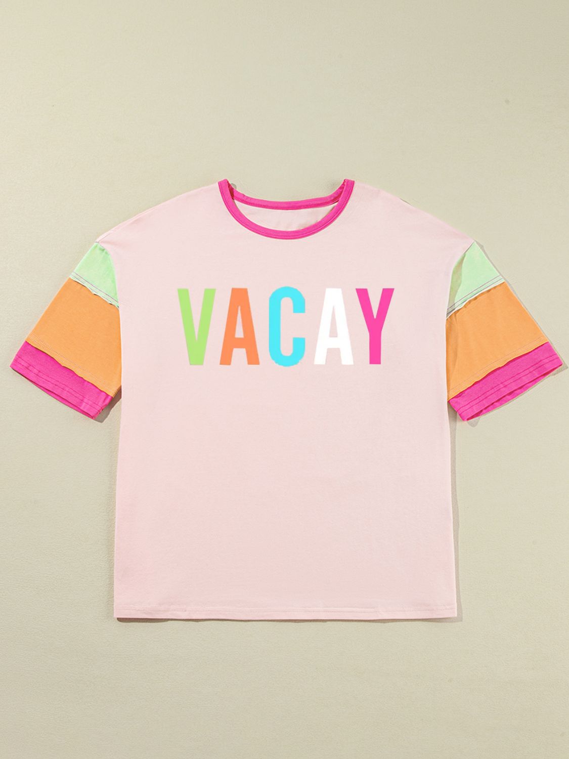 Letter Graphic Color Block Round Neck Half Sleeve T-Shirt-Angel Casuals