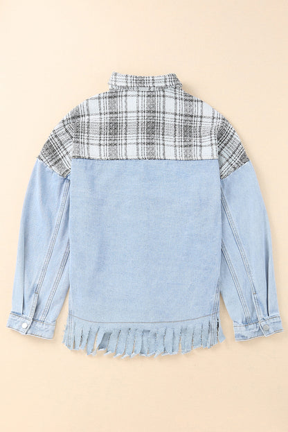 Plaid Pocketed Snap Down Denim Jacket-Angel Casuals