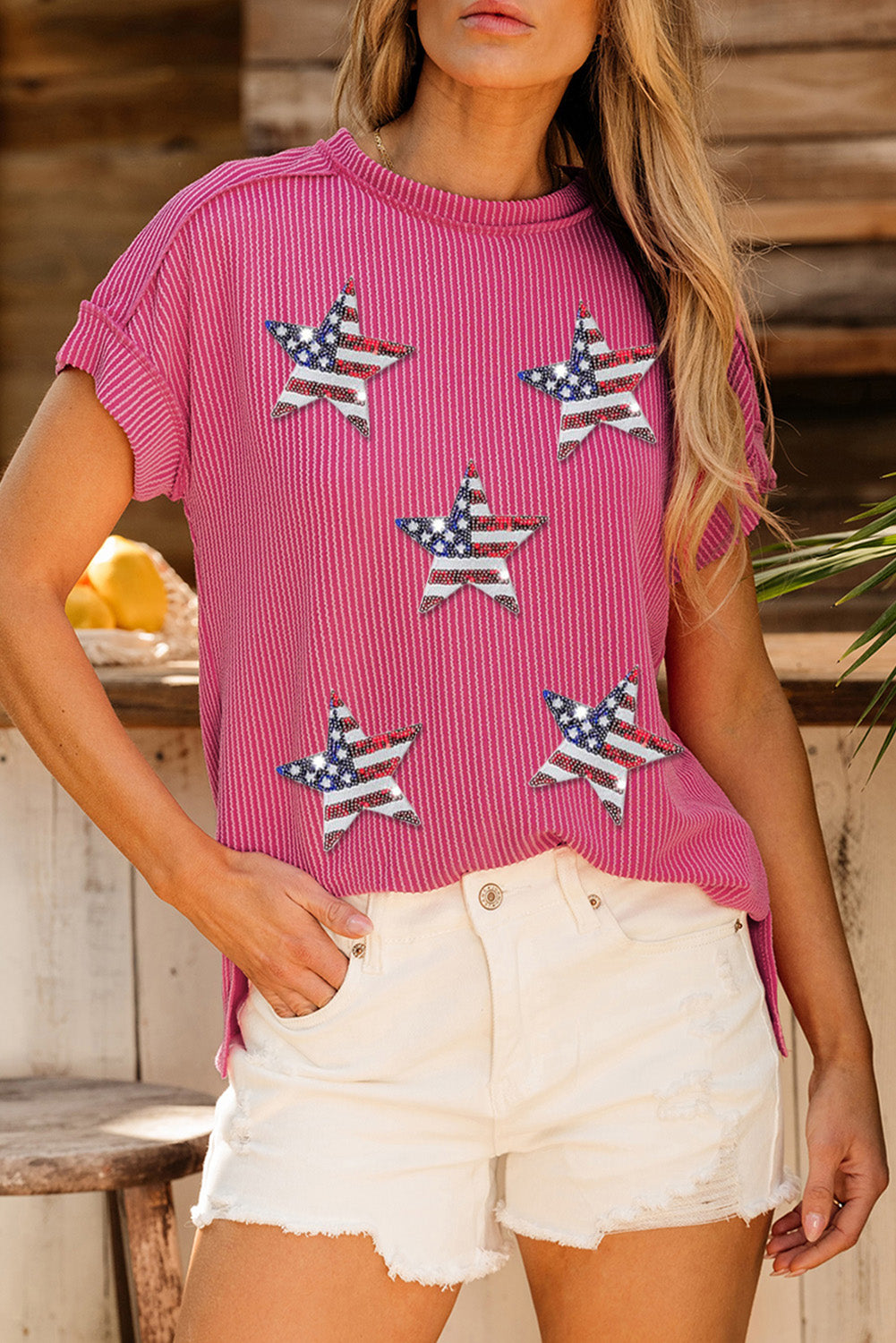 Exposed Seam Star Round Neck Short Sleeve Top-Angel Casuals