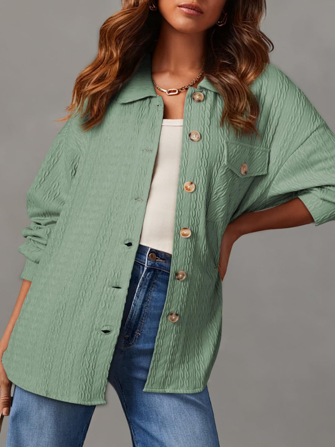 Textured Button Up Long Sleeve Shacket-Angel Casuals