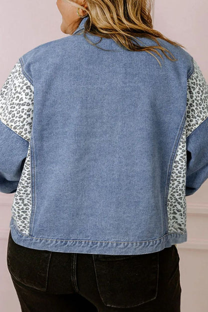 Plus Size Leopard Long Sleeve Denim Jacket-Angel Casuals