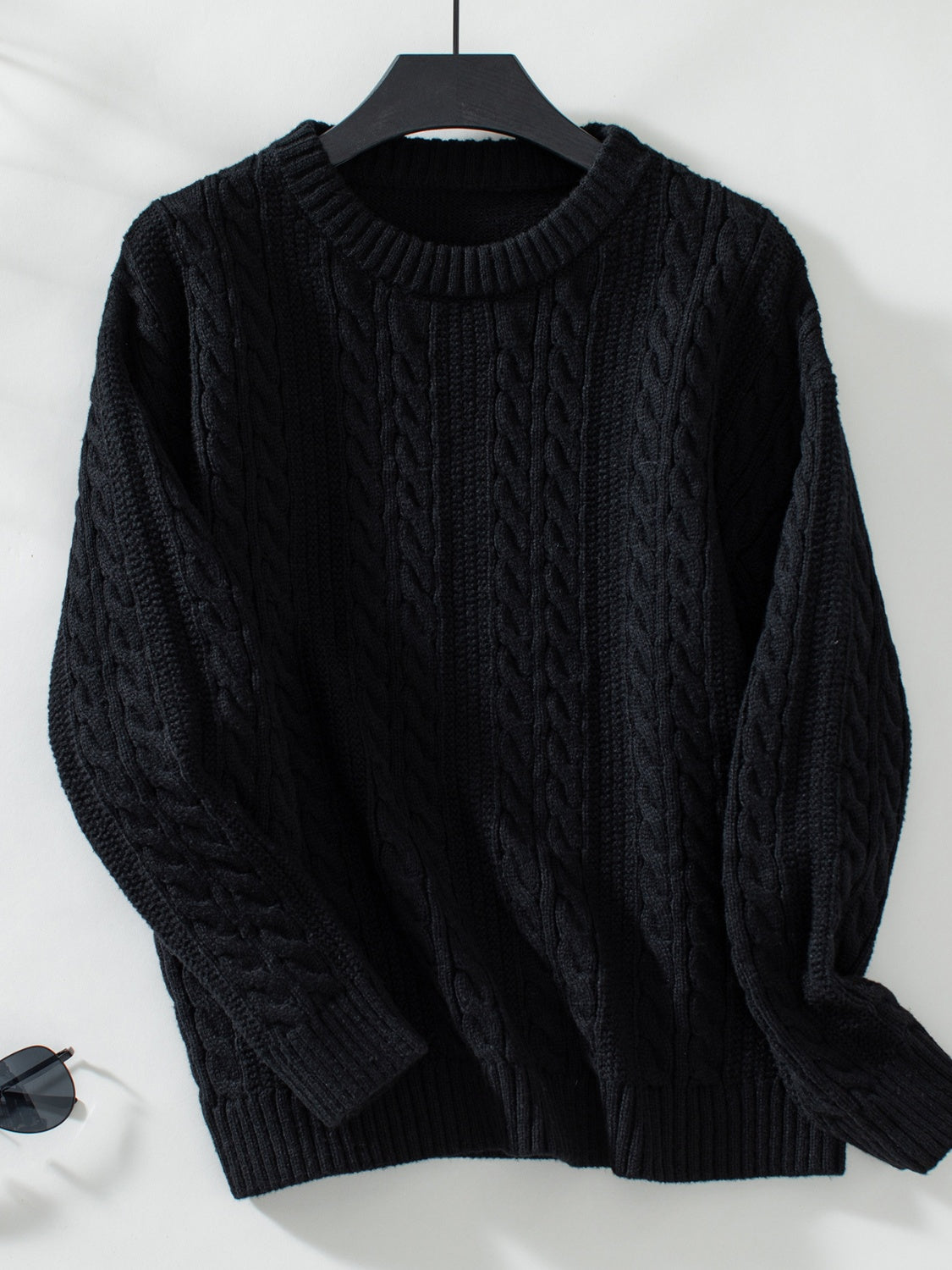 Cable-Knit Round Neck Long Sleeve Sweater-Angel Casuals