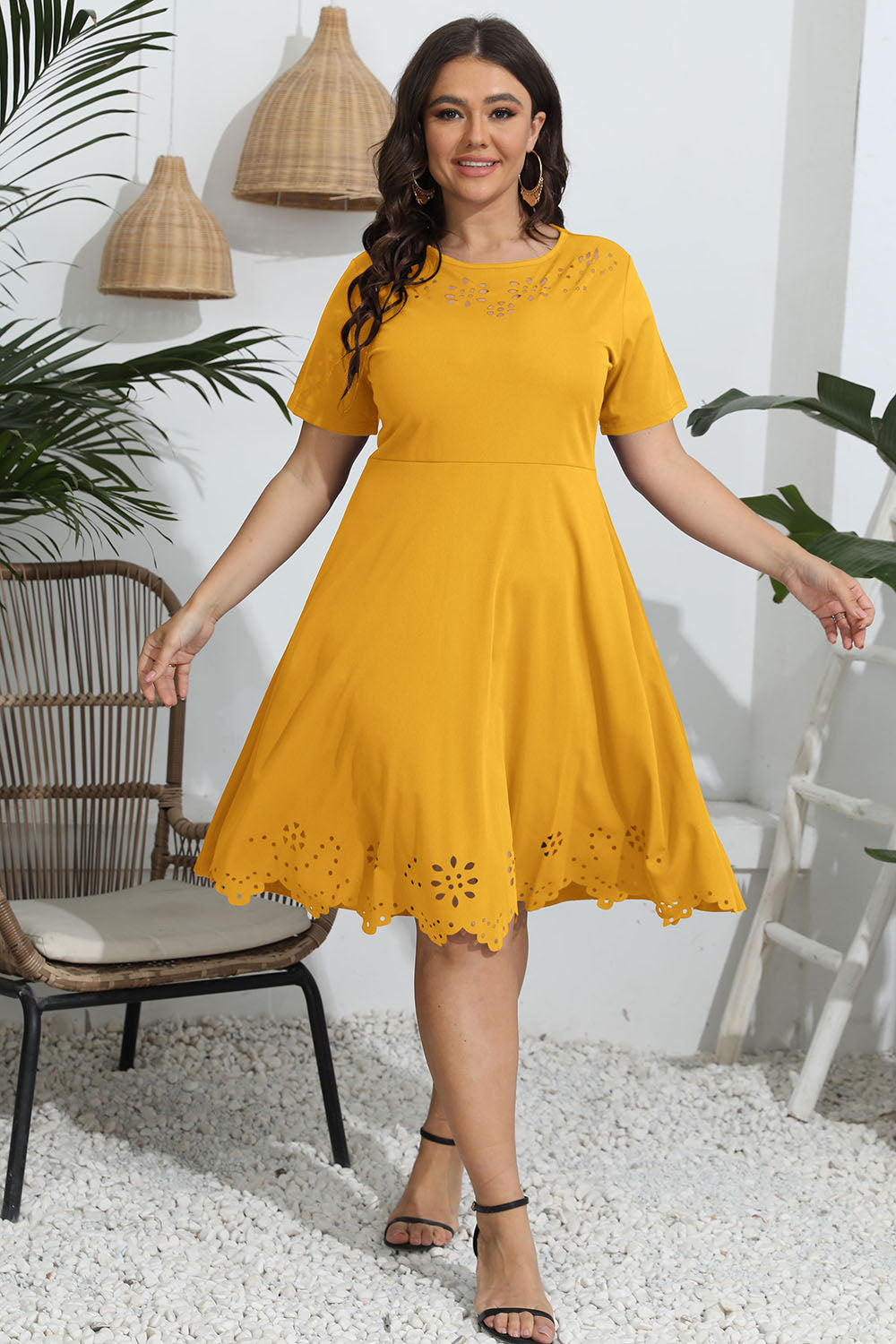 Plus Size Round Neck Openwork Dress-Angel Casuals