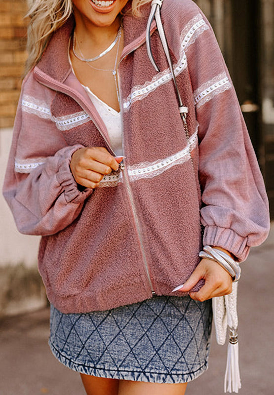 Lace Detail Zip Up Sherpa Patchwork Jacket-Angel Casuals