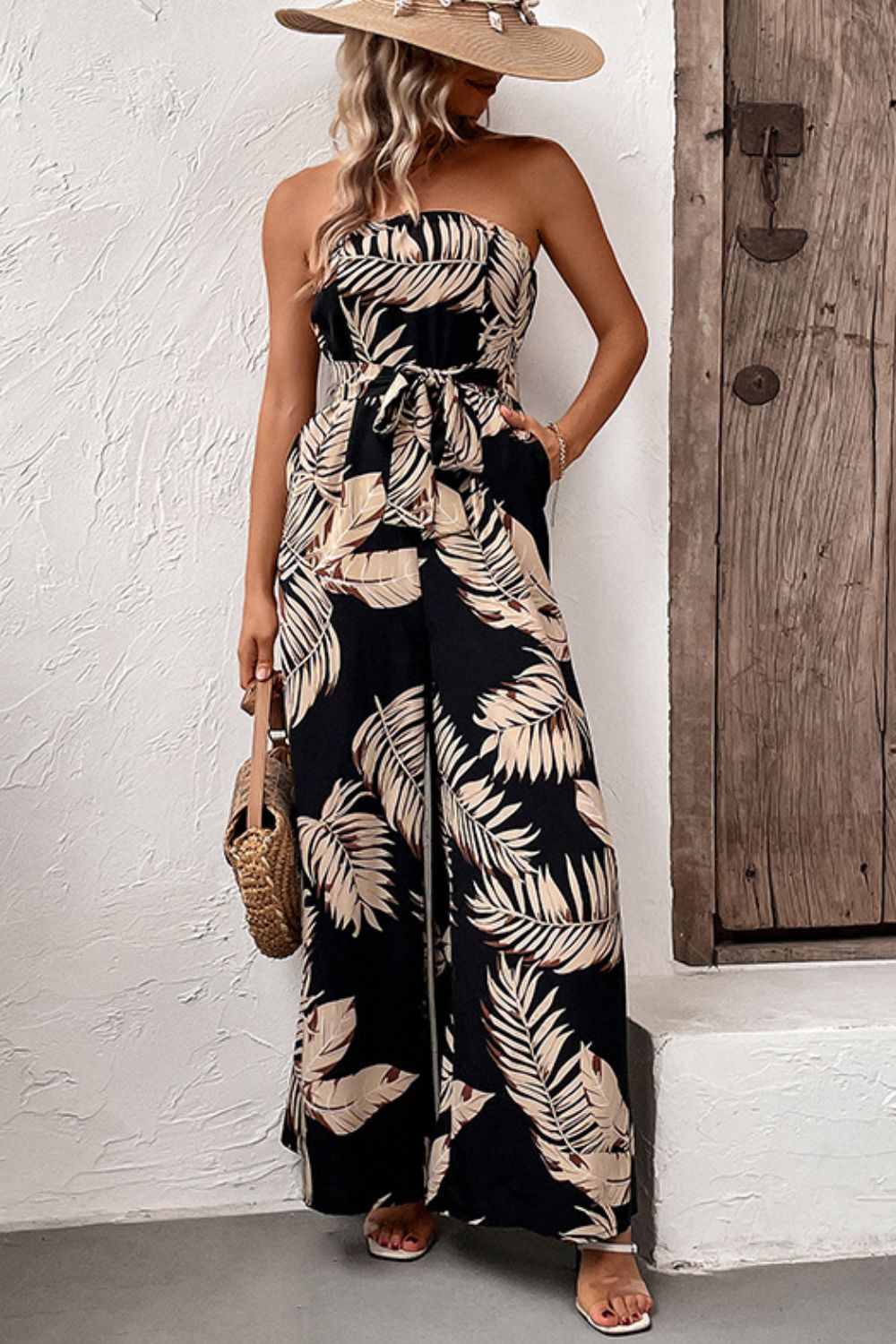 Printed Strapless Wide Leg Jumpsuit with Pockets-Angel Casuals