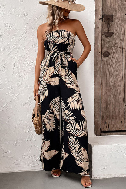 Printed Strapless Wide Leg Jumpsuit with Pockets-Angel Casuals