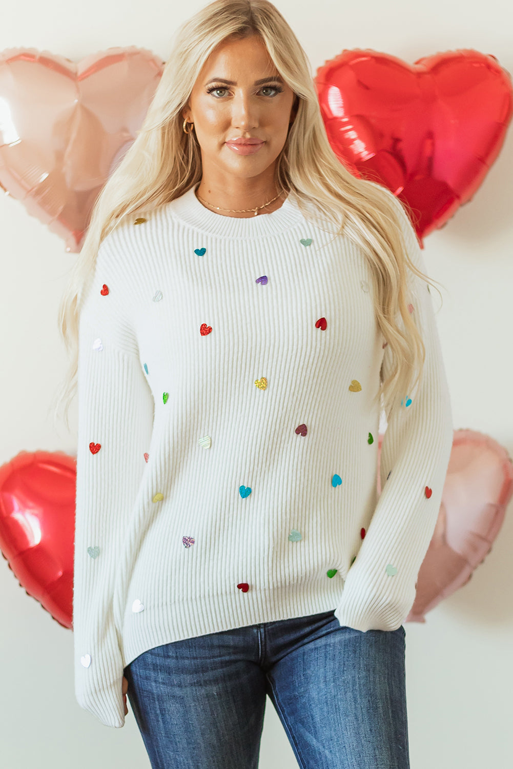 Heart Sequin Round Neck Long Sleeve Sweater-Angel Casuals