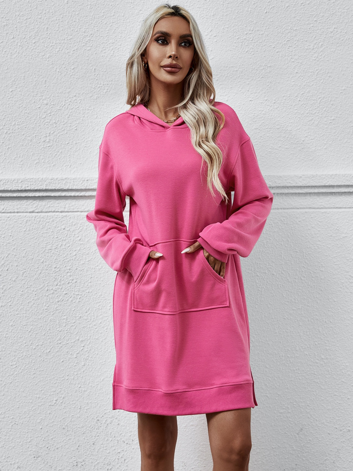 Slit Long Sleeve Hooded Dress with Pocket-Angel Casuals