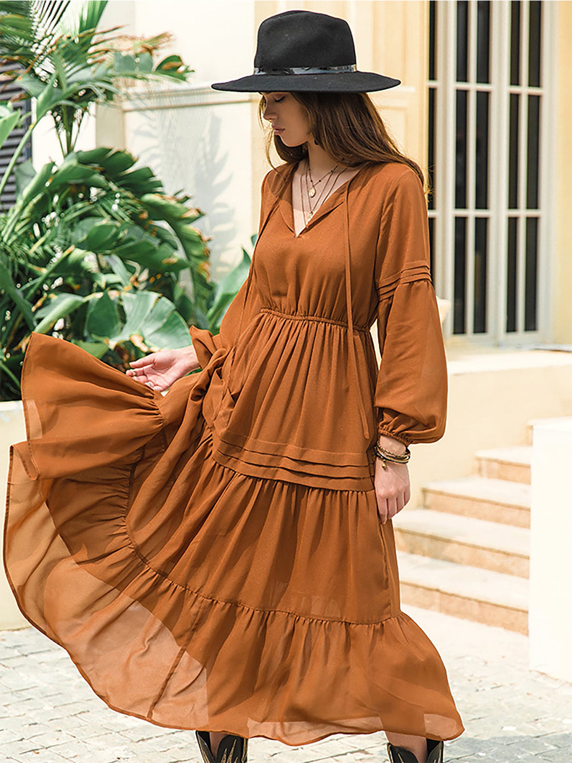 Tie Neck Long Sleeve Midi Tiered Dress-Angel Casuals