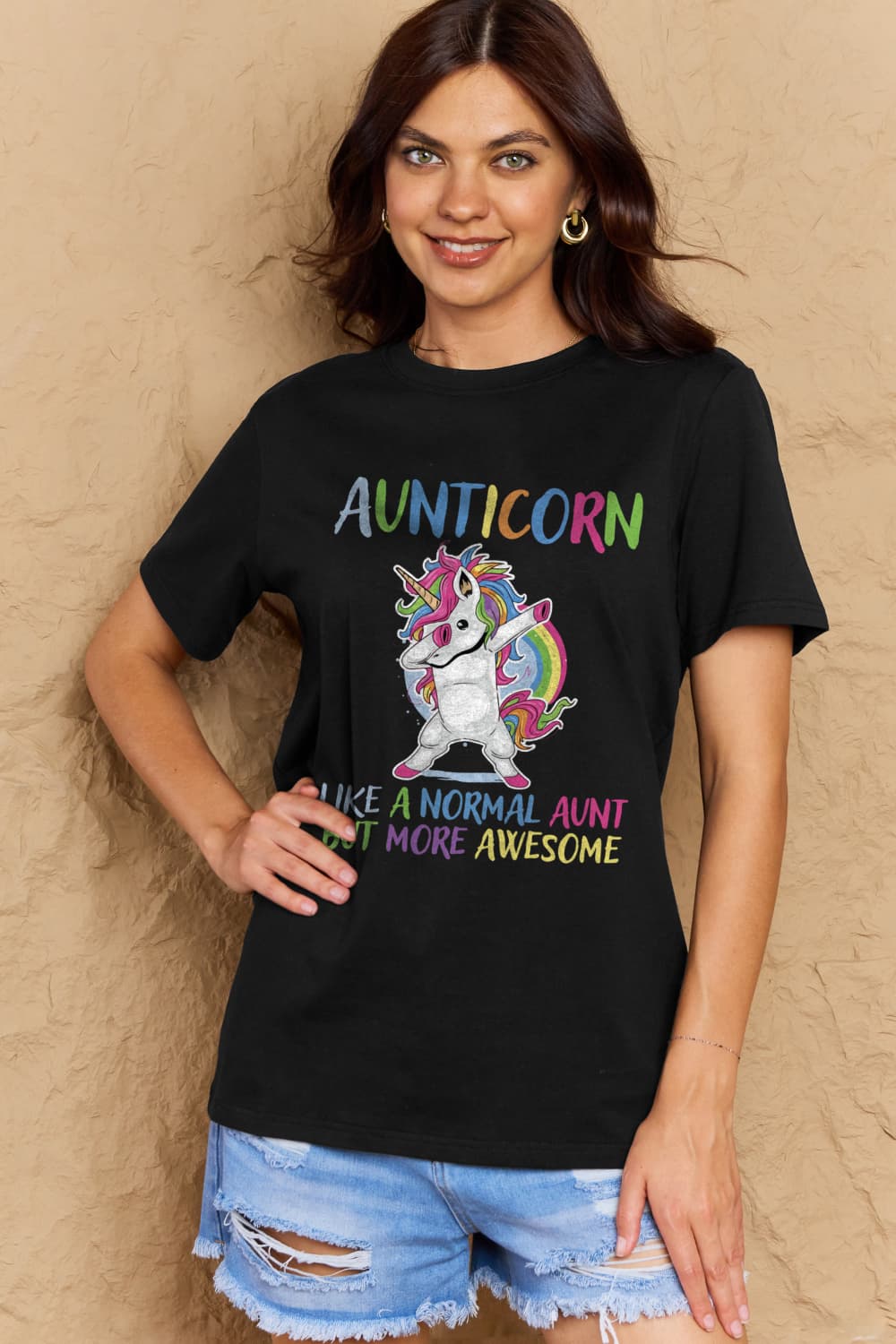 Simply Love Full Size AUNTICORN LIKE A NORMAL AUNT BUT MORE AWESOME Graphic Cotton Tee-Angel Casuals