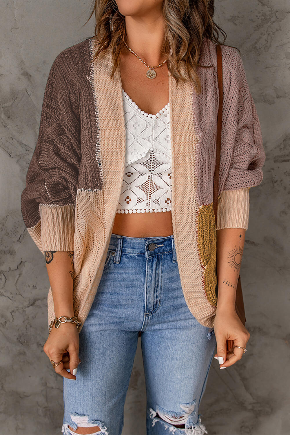 Woven Right Color Block Cable-Knit Batwing Sleeve Cardigan-Angel Casuals