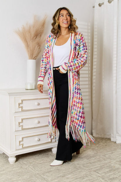 Multicolored Open Front Fringe Hem Cardigan-Angel Casuals