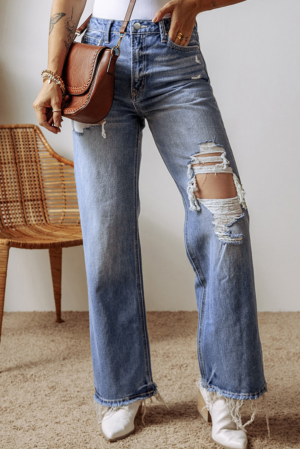 Distressed Straight Leg Jeans with Pockets-Angel Casuals