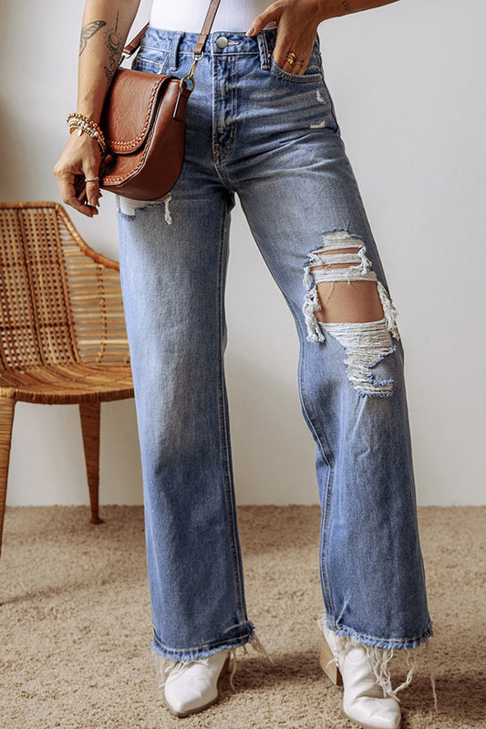 Distressed Straight Leg Jeans with Pockets-Angel Casuals