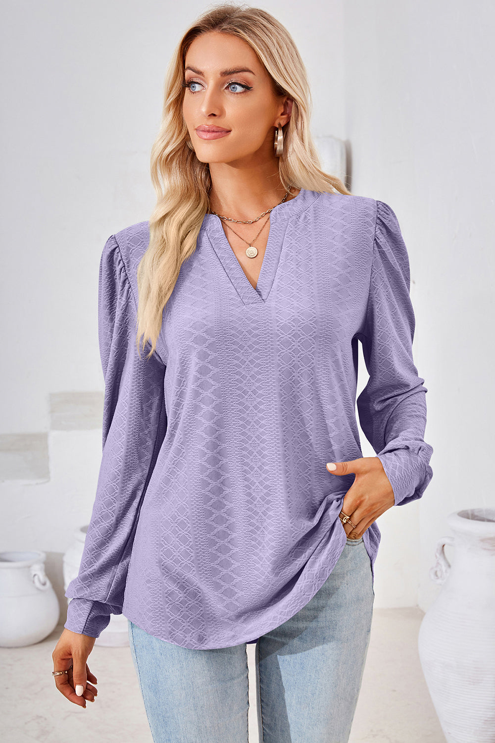 Notched Long Sleeve T-Shirt-Angel Casuals
